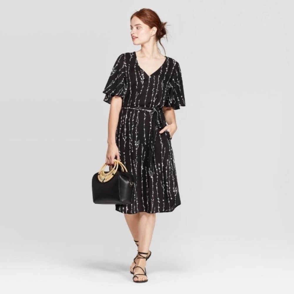 a new day Black Strapless-Look V-Neck Midi Dress with White Dot Stripe